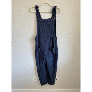 Natural Life Carly Navy Blue Linen Blend Wide Leg Jumpsuit Overalls Size L Boho